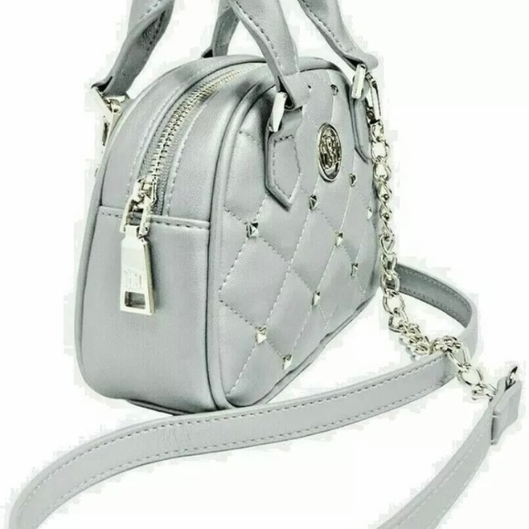 NWT BADGLEY MISCHKA Crossbody Dome Metallic Grey with Silver Studs - Picture 2 of 9